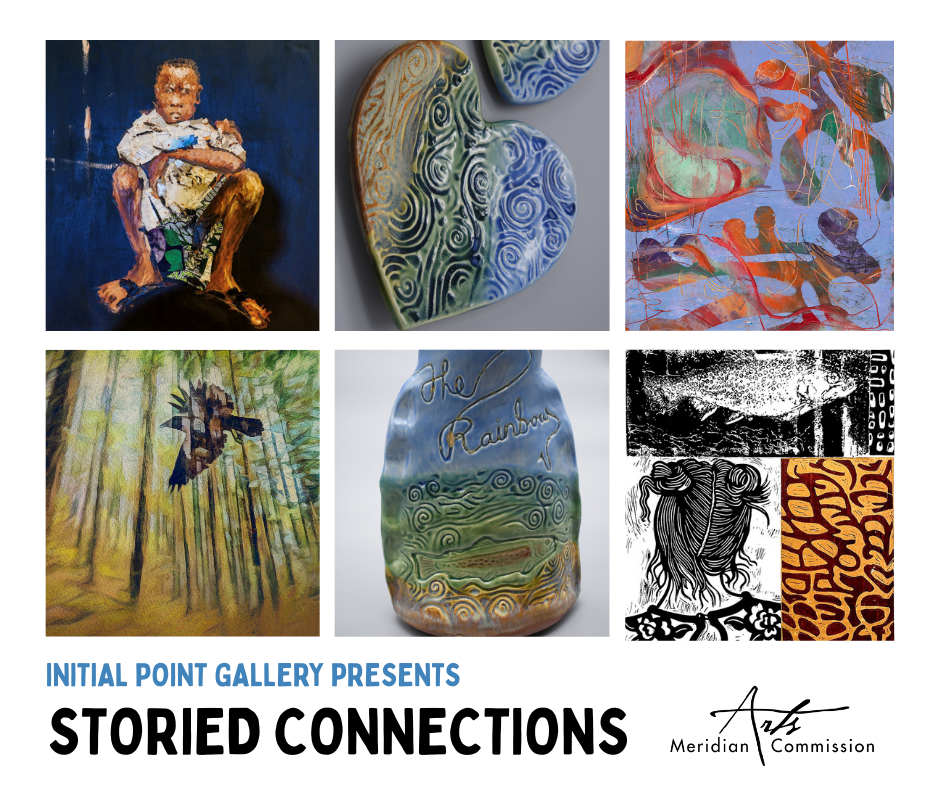 Graphic for an art exhibit featuring six examples of artwork.